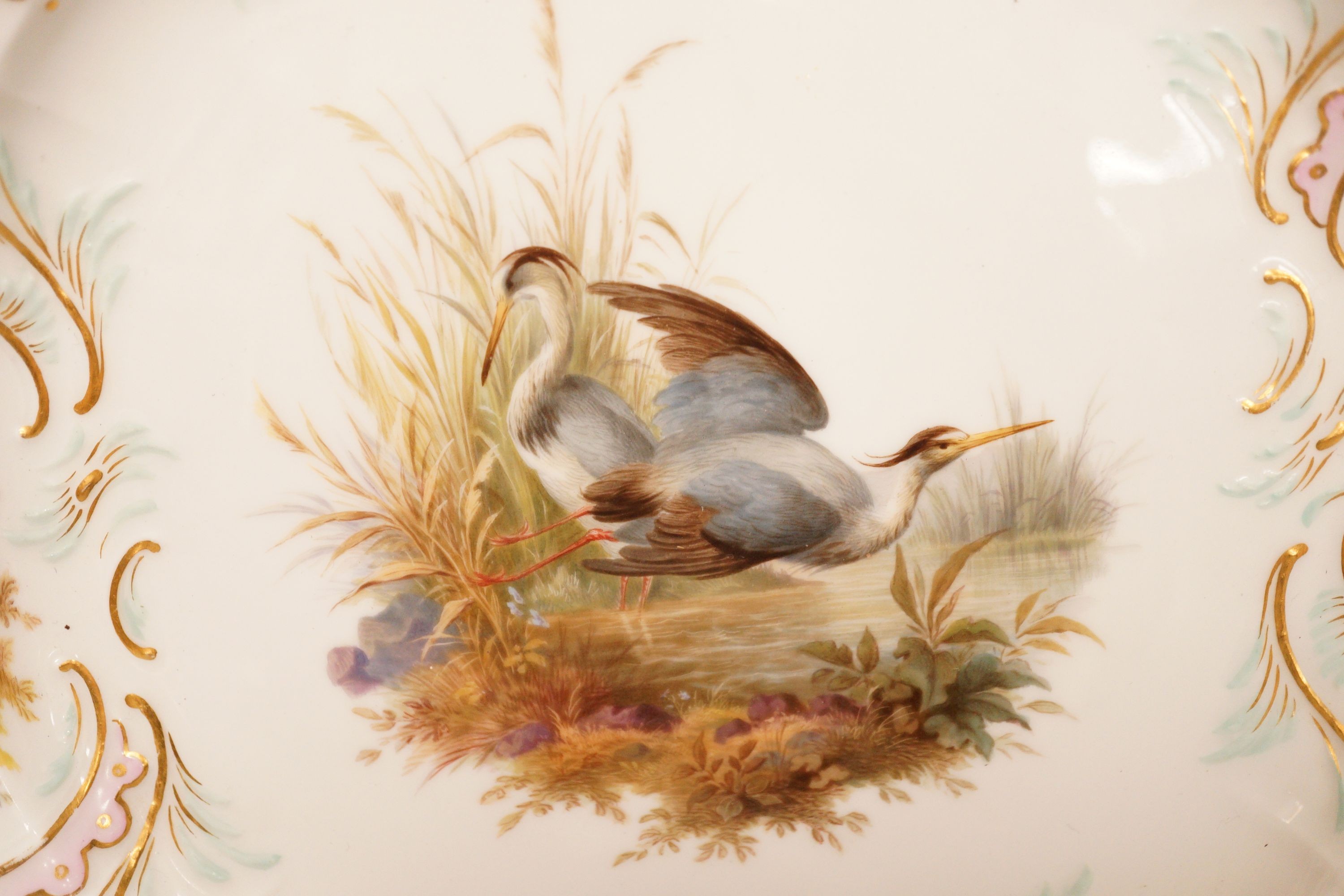A late 19th century Meissen porcelain plate, painted with herons and game birds amid grass, diameter 25cm